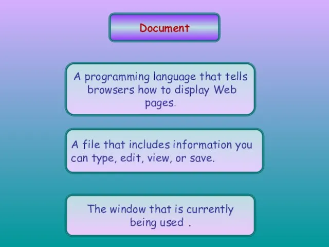 Document A programming language that tells browsers how to display Web pages.