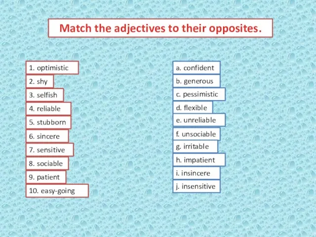 Match the adjectives to their opposites. a. confident b. generous c. pessimistic