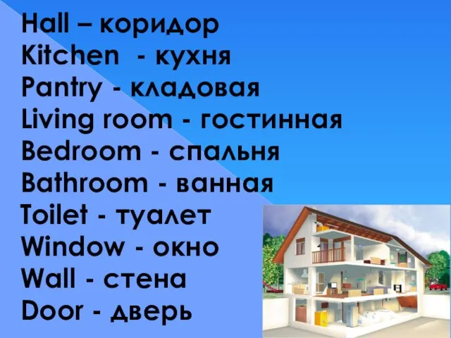 Hall – коридор Kitchen - кухня Pantry - кладовая Living room -