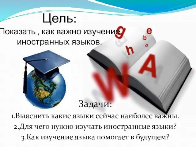 Цель: Показать , как важно изучение иностранных языков. Задачи: 1.Выяснить какие языки