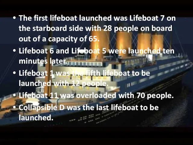 The first lifeboat launched was Lifeboat 7 on the starboard side with