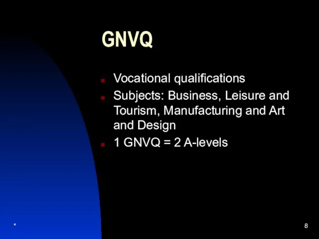 * GNVQ Vocational qualifications Subjects: Business, Leisure and Tourism, Manufacturing and Art