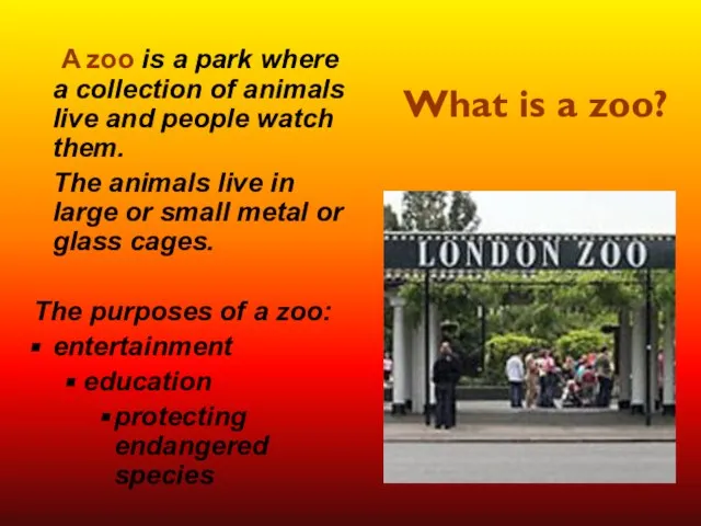 What is a zoo? A zoo is a park where a collection