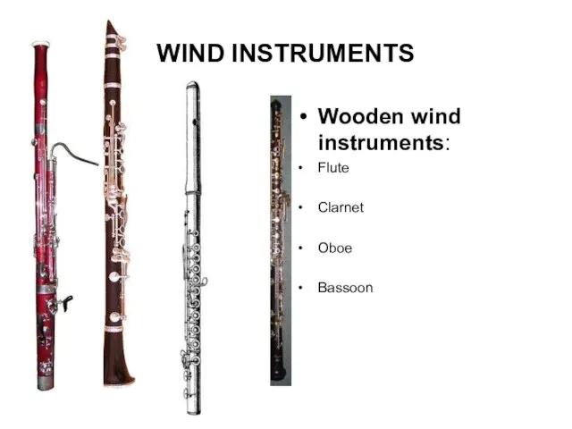 WIND INSTRUMENTS Wooden wind instruments: Flute Clarnet Oboe Bassoon