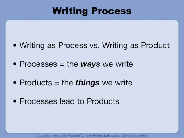 Writing Process Writing as Process vs. Writing as Product Processes = the