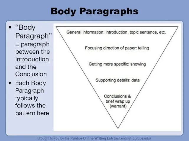 Body Paragraphs “Body Paragraph” = paragraph between the Introduction and the Conclusion