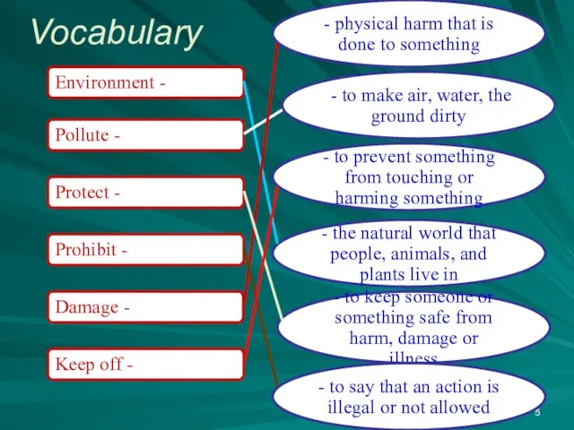 Vocabulary Environment - Pollute - Keep off - Protect - Prohibit -
