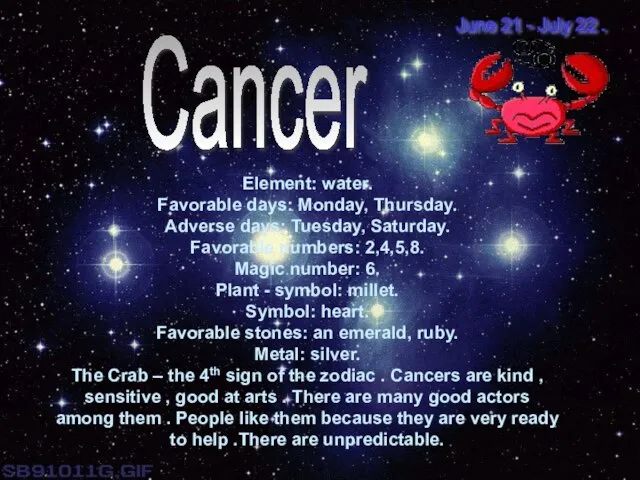 Cancer Element: water. Favorable days: Monday, Thursday. Adverse days: Tuesday, Saturday. Favorable