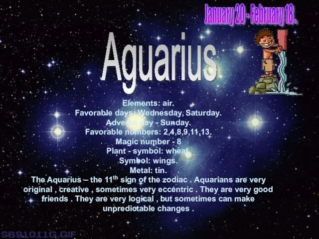 Aguarius Elements: air. Favorable days: Wednesday, Saturday. Adverse day - Sunday. Favorable