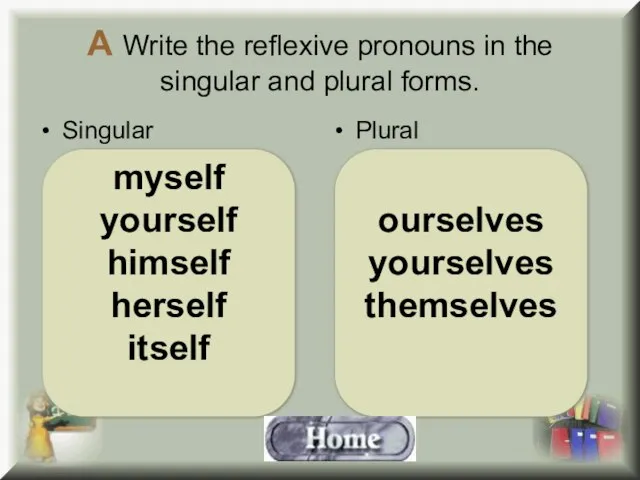 А Write the reflexive pronouns in the singular and plural forms. Singular