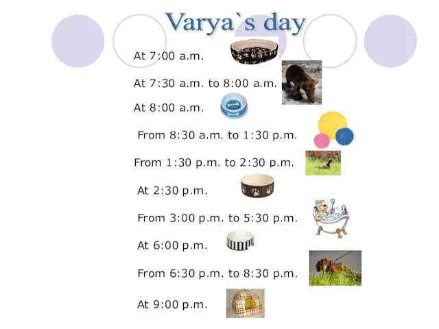 Varya`s day At 7:00 a.m. At 7:30 a.m. to 8:00 a.m. At