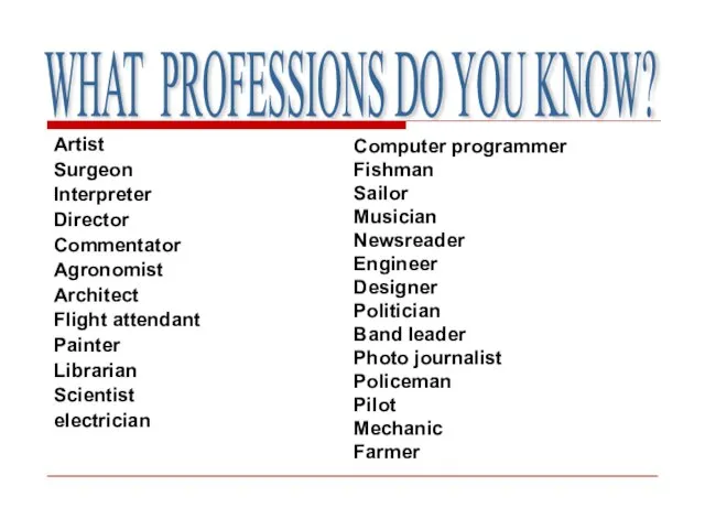 WHAT PROFESSIONS DO YOU KNOW? Artist Surgeon Interpreter Director Commentator Agronomist Architect