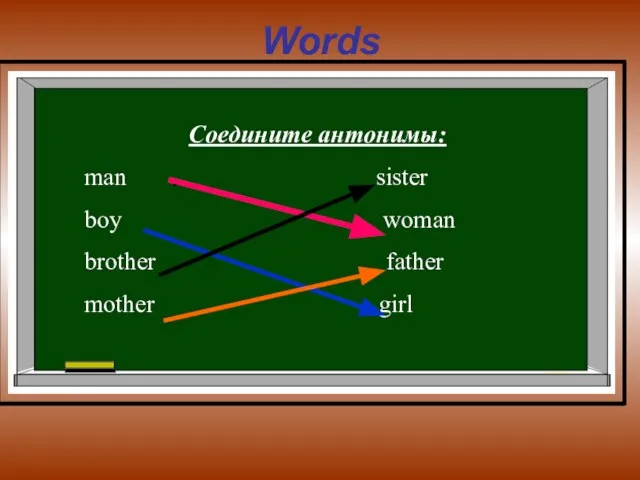 Words Соедините антонимы: man sister boy woman brother father mother girl