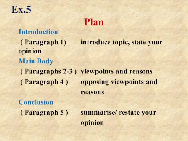 Ex.5 Plan Introduction ( Paragraph 1) introduce topic, state your opinion Main