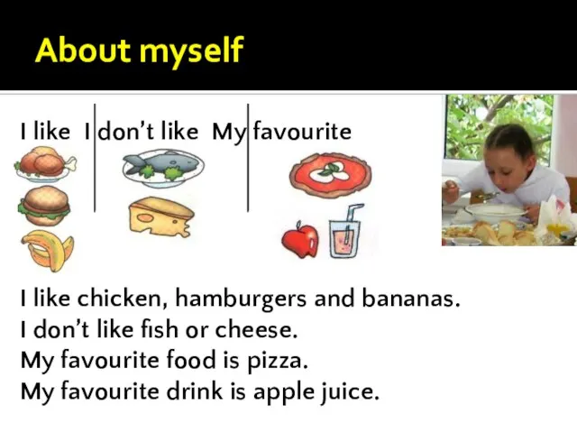 About myself I like chicken, hamburgers and bananas. I don’t like fish