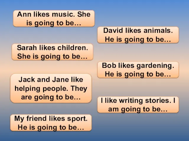 Ann likes music. She is going to be… David likes animals. He