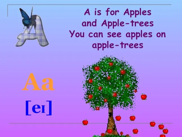 A is for Apples and Apple-trees You can see apples on apple-trees Aa [eɪ]