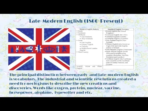 Late-Modern English (1800-Present) The principal distinction between early- and late-modern English is