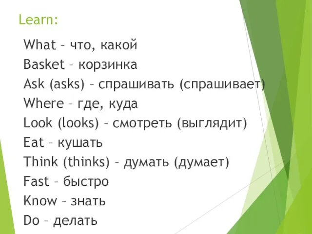 Learn: What – что, какой Basket – корзинка Ask (asks) – спрашивать