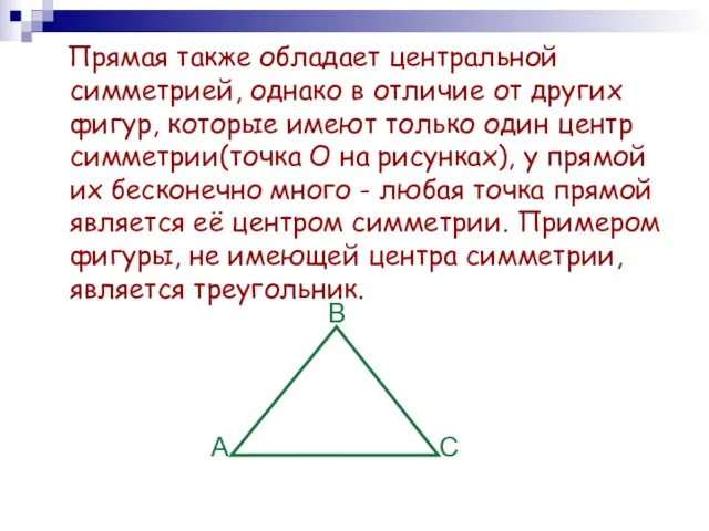 Прямая также обладает центральной симметрией, однако в отличие от других фигур, которые