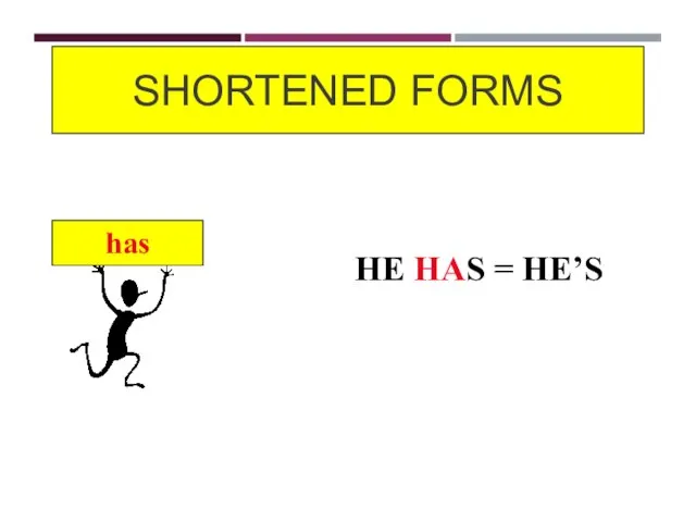 SHORTENED FORMS has HE HAS = HE’S