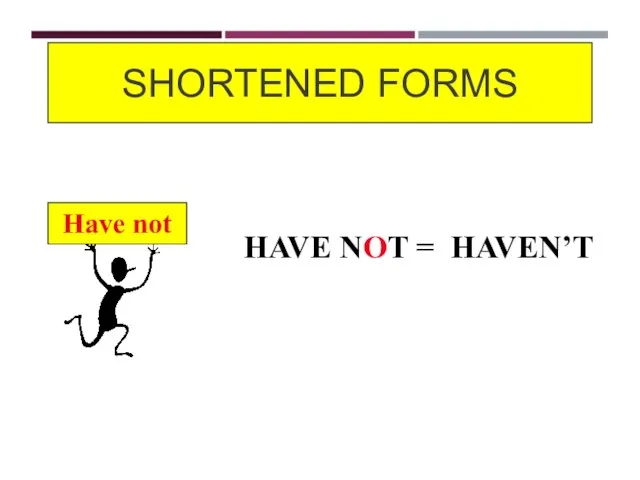 SHORTENED FORMS Have not HAVE NOT = HAVEN’T