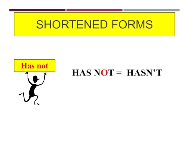 SHORTENED FORMS Has not HAS NOT = HASN’T