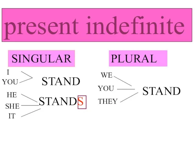 SINGULAR PLURAL I YOU HE SHE IT WE YOU THEY STAND STAND present indefinite STANDS