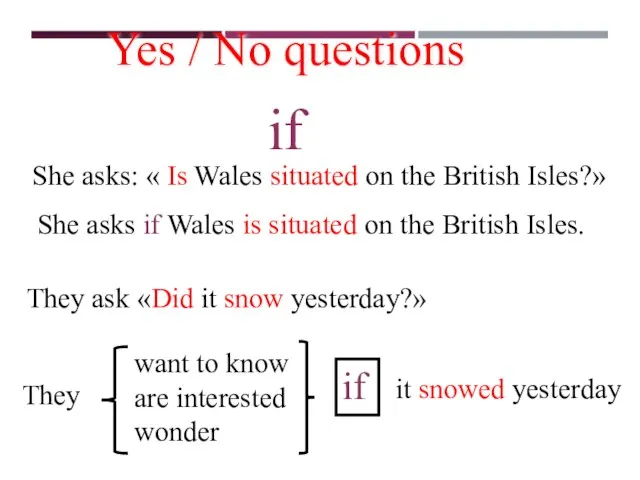 Yes / No questions if She asks: « Is Wales situated on