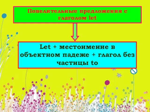 Повелительные предложения с глаголом let Let + местоимение в объектном падеже + глагол без частицы to