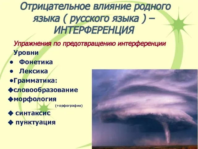 Отрицательное влияние родного языка ( русского языка ) – ИНТЕРФЕРЕНЦИЯ Упражнения по