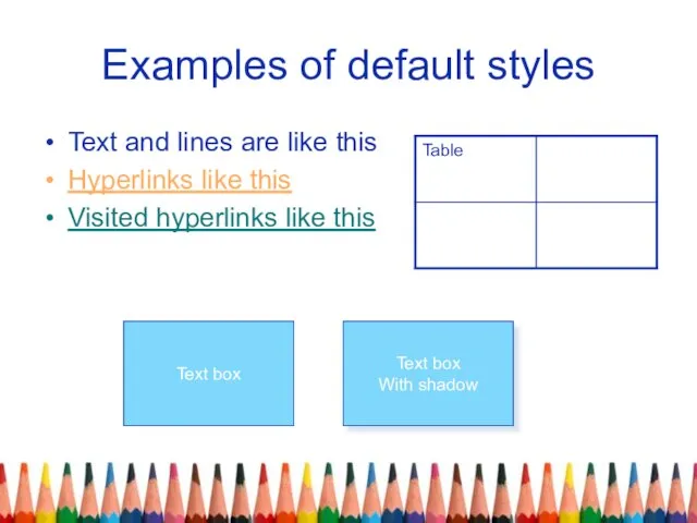 Examples of default styles Text and lines are like this Hyperlinks like
