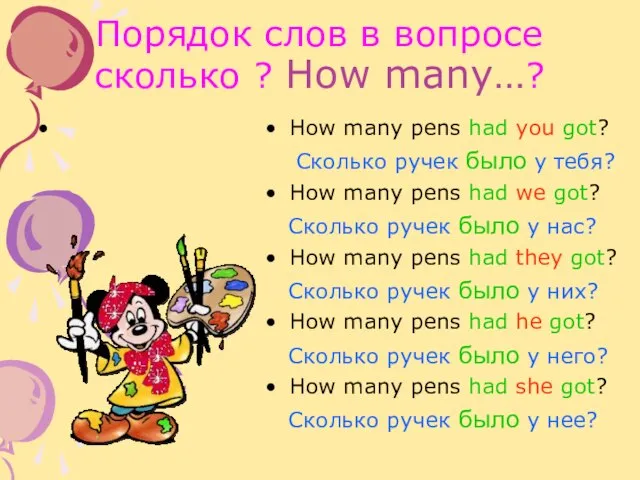 Порядок слов в вопросе сколько ? How many…? How many pens had