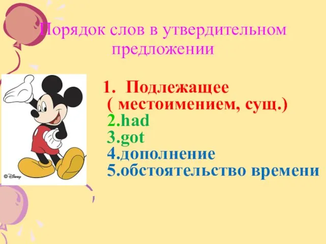 Порядок слов в утвердительном предложении Подлежащее ( местоимением, сущ.) 2.had 3.got 4.дополнение 5.обстоятельство времени