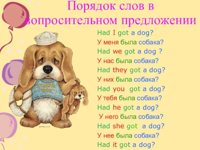 Порядок слов в вопросительном предложении Had I got a dog? У меня