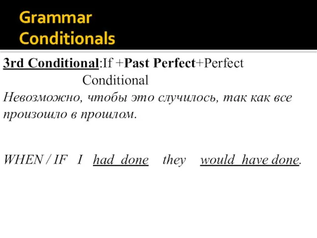 Grammar Conditionals 3rd Conditional:If +Past Perfect+Perfect Conditional Невозможно, чтобы это случилось, так