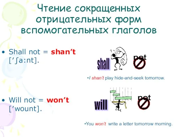 Чтение сокращенных отрицательных форм вспомогательных глаголов Shall not = shan’t [′∫a:nt]. Will