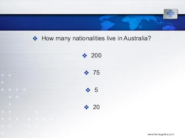 www.themegallery.com How many nationalities live in Australia? 200 75 5 20