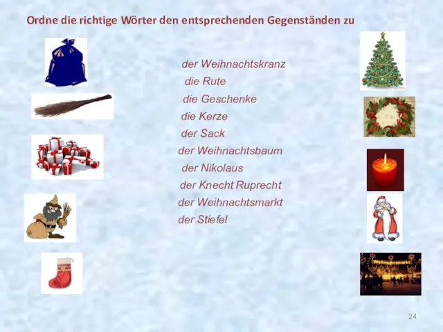 der Weihnachtskranz die Rute die Geschenke die Kerze der Sack der Weihnachtsbaum