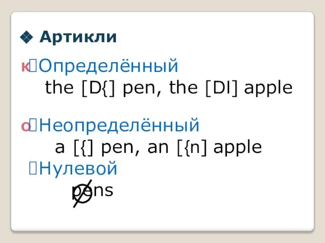 Артикли К О Определённый the [D{] pen, the [DI] apple Неопределённый a