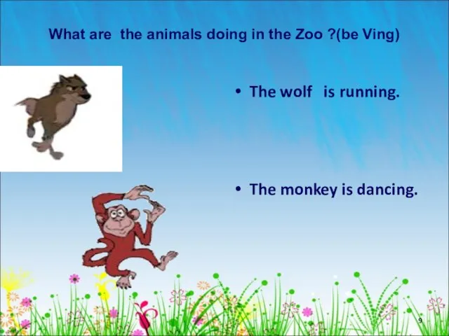 What are the animals doing in the Zoo ?(be Ving) The wolf