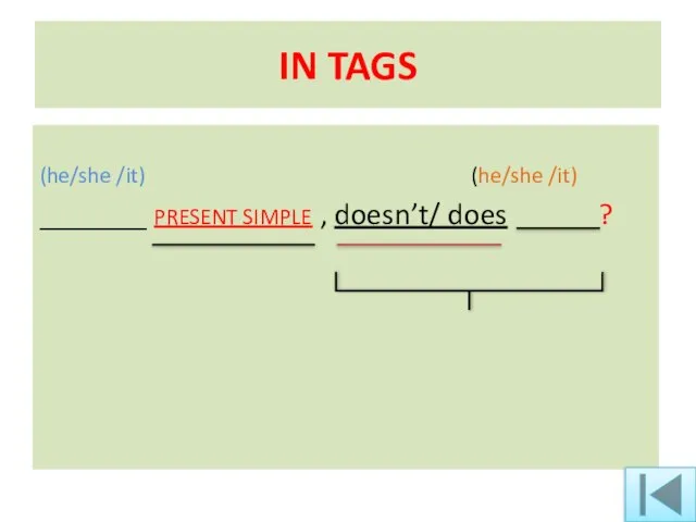 IN TAGS (he/she /it) (he/she /it) _______ PRESENT SIMPLE , doesn’t/ does ?