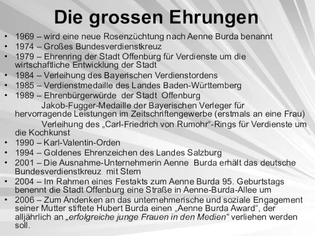 Die grossen Ehrungen 1969 – wird eine neue Rosenzüchtung nach Aenne Burda