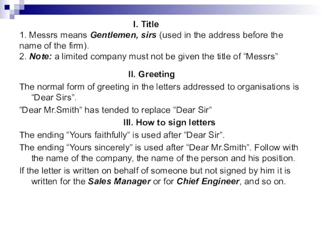 I. Title 1. Messrs means Gentlemen, sirs (used in the address before