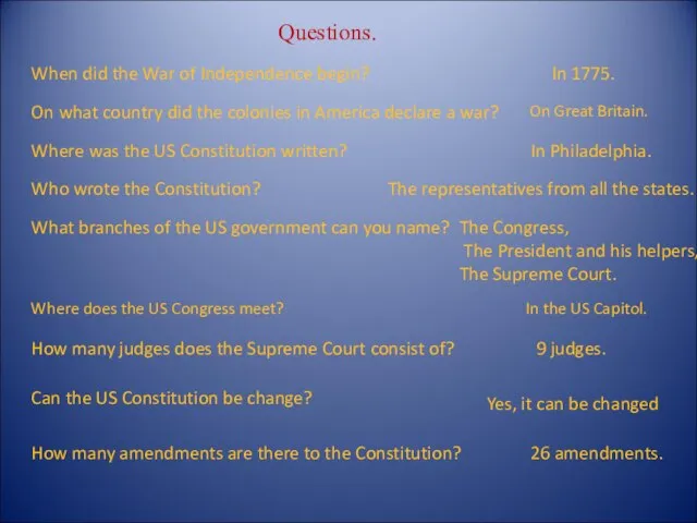 When did the War of Independence begin? Questions. In 1775. On what