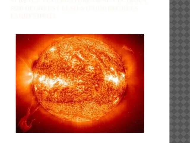 SURFACE TEMPERATURE OF SUN IS ABOUT 5500 DEGREES CELSIUS (10,000 DEGREES FAHRENHEIT).