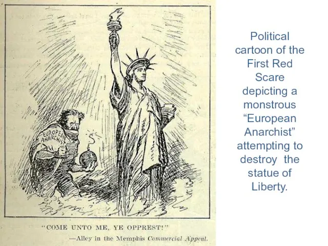 Political cartoon of the First Red Scare depicting a monstrous “European Anarchist”