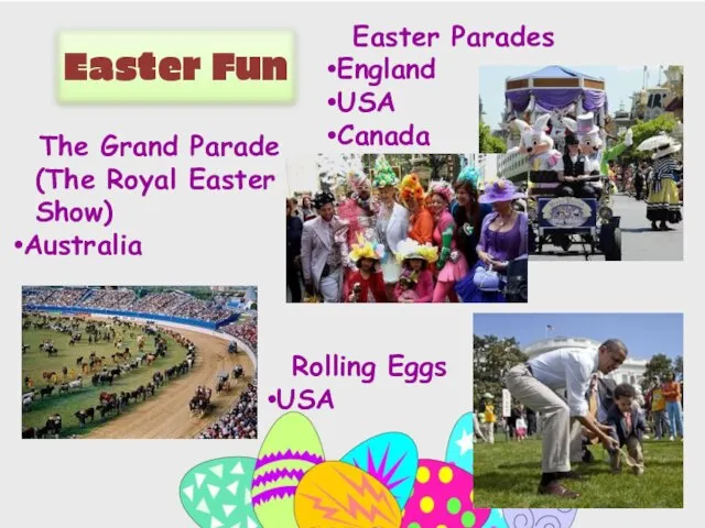 Easter Parades England USA Canada Rolling Eggs USA The Grand Parade (The Royal Easter Show) Australia