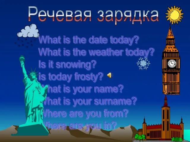 Речевая зарядка What is the date today? What is the weather today?