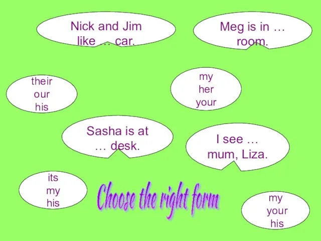Nick and Jim like … car. their our his Meg is in